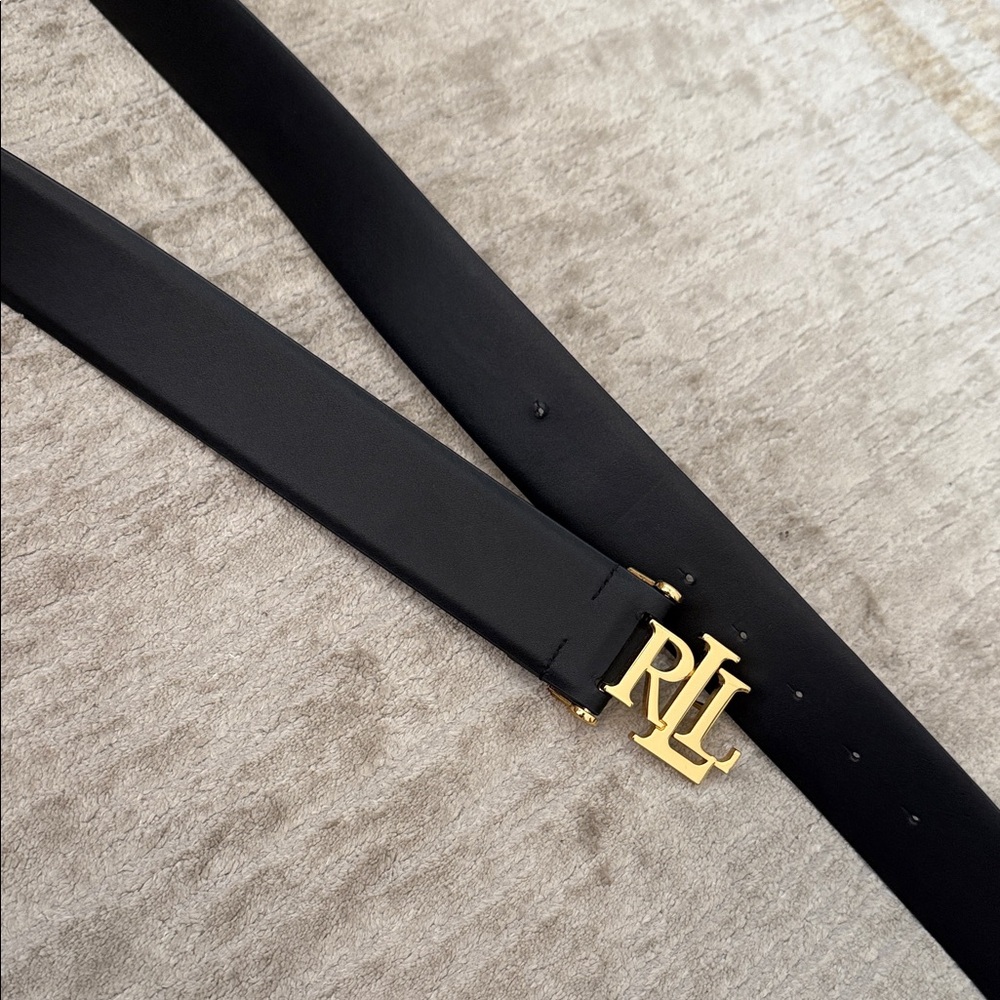 Ralph Lauren Black Leather Belt with Gold RLL Logo Buckle